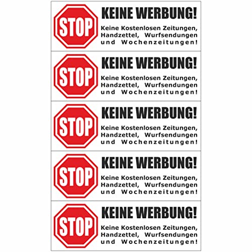 Briefkastenaufkleber - Achtung Stop Bitte keine Werbung! 5 Aufkleber weiß - 105x35mm - Keine kostenlosen Zeitungen, Handzettel, Wurfsendungen und Wochenzeitungen! von INDIGOS UG