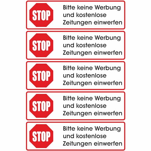 Keine Werbung! 5 weiße Briefkastenaufkleber 70x20 mm - Bitte keine Werbung und kostenlose Zeitungen einwerfen von INDIGOS UG