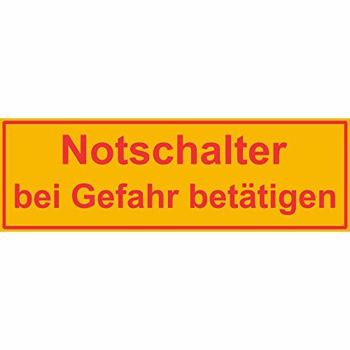 Indigos UG Aufkleber Notschalter bei Gefahr betätigen - 8 Stück auf Bogen - 7,40x2,40cm - selbstklebender Sicherheits Aufkleber für Tür oder Wand - Warnschild für Gebäude, Hotel, Büro, Firma von INDIGOS UG