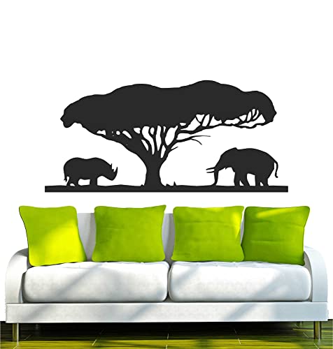 WANDTATTOO w550 Afrika - Steppe Nashorn mit Löwe 80x37cm, schwarz - Dekoration Fensterfolie - Wandaufkleber - Kinderzimmer Wohnzimmer Schlafzimmer Küche Badezimmer Büro Hotel von INDIGOS UG