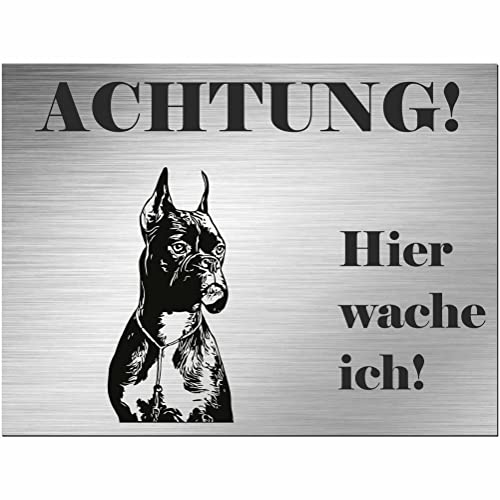Indigos UG - Schild Boxer - bedruckt - Achtung Hier wache ich! - Aluverbundplatte Edelstahl Look - 30x20 cm - Spruch - Deko Geschenkidee für Ihren Hund - Zaun - Türschild - Hinweisschild - Warnschild von INDIGOS