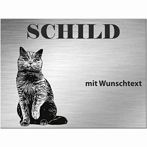 INDIGOS UG - Britische Kurzhaarkatze - Schild bedruckt - Wunschtext personalisiert - Alu-Dibond Edelstahl Look - ab 20x15 cm - Spruch - Deko Geschenkidee für Ihre Katze - Zaun - Türschild von INDIGOS