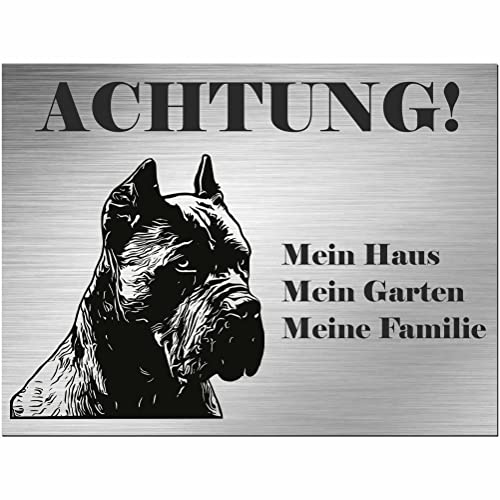Indigos UG - Schild Cane Corso - bedruckt - Achtung Mein Haus, mein Garten meine Familie - Aluverbundplatte Edelstahl Look - 30x20 cm - Spruch - Deko Geschenkidee - Hund - Zaun - Türschild von INDIGOS