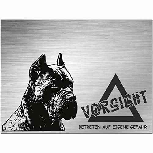 Indigos UG - Schild Cane Corso - bedruckt - Vorsicht Betreten auf eigene Gefahr! - Aluverbundplatte Edelstahl Look - 20x15 cm - Spruch - Deko Geschenkidee für Ihren Hund - Zaun - Türschild von INDIGOS