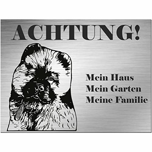 Indigos UG - Schild Chow-Chow - bedruckt - Achtung Mein Haus, mein Garten meine Familie - Aluverbundplatte Edelstahl Look - 30x20 cm - Spruch - Deko Geschenkidee - Hund - Zaun - Türschild von INDIGOS