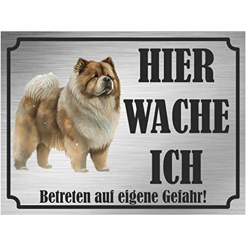INDIGOS UG - Chow-Chow - Schild bedruckt - Hier wache ich - Aluverbundplatte Edelstahl Look - ab 20x15 cm - Spruch - Deko Geschenkidee für Ihren Hund - Zaun - Türschild von INDIGOS