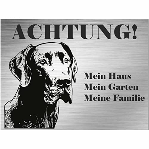 Indigos UG - Schild Deutsche Dogge - bedruckt - Achtung Mein Haus, mein Garten meine Familie - Aluverbundplatte Edelstahl Look - 30x20 cm - Spruch - Deko Geschenkidee - Hund - Zaun - Türschild von INDIGOS
