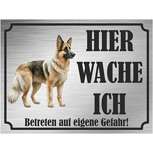 INDIGOS UG - Deutscher Schäferhund - Schild bedruckt - Hier wache ich - Aluverbundplatte Edelstahl Look - ab 20x15 cm - Spruch - Deko Geschenkidee für Ihren Hund - Zaun - Türschild von INDIGOS