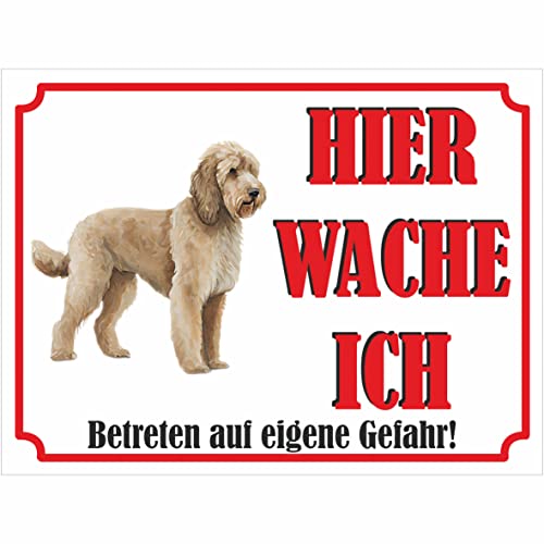 INDIGOS UG - Goldendoodle - Schild bedruckt - Hier wache ich - Aluverbundplatte weiß - ab 20x15 cm - Spruch - Deko Geschenkidee für Ihren Hund - Zaun - Türschild von INDIGOS