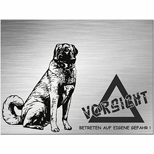 Indigos UG - Schild Kangal Hirtenhund - bedruckt - Vorsicht Betreten auf eigene Gefahr! - Aluverbundplatte Edelstahl Look - 20x15 cm - Spruch - Deko Geschenkidee für Ihren Hund - Zaun - Türschild von INDIGOS