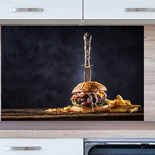 INDIGOS UG Küchenrückwand - Burger mit Messer - 80x50 cm ESG Echtglas Bedruckt - mit Bild - Motiv - Küche - Rückwand - Glasplatte - Spritzschutz - Herd - Ofen von INDIGOS