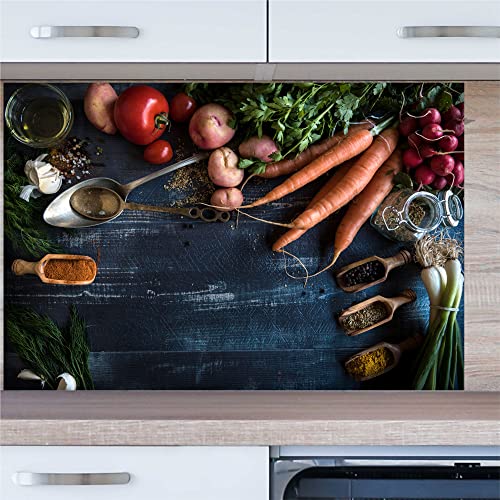 INDIGOS UG Küchenrückwand - Gemüse auf Holz - 100x60 cm ESG Echtglas Bedruckt - mit Bild - Motiv - Küche - Rückwand - Glasplatte - Spritzschutz - Herd - Ofen von INDIGOS