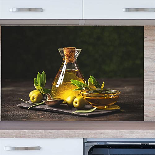 INDIGOS UG Küchenrückwand - Olivenöl - 80x50 cm ESG Echtglas Bedruckt - mit Bild - Motiv - Küche - Rückwand - Glasplatte - Spritzschutz - Herd - Ofen von INDIGOS