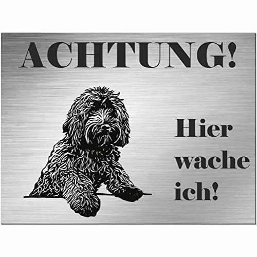 Indigos UG - Schild Labradoodle - bedruckt - Achtung Hier wache ich! - Aluverbundplatte Edelstahl Look - 30x20 cm - Spruch - Deko Geschenkidee für Ihren Hund - Zaun - Türschild - Hinweisschild von INDIGOS