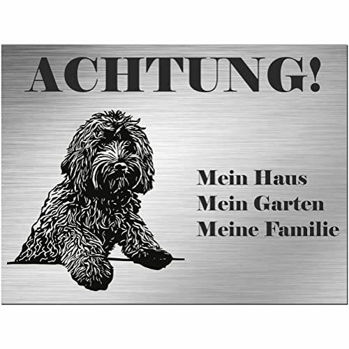 Indigos UG - Schild Labradoodle - bedruckt - Achtung Mein Haus, mein Garten meine Familie - Aluverbundplatte Edelstahl Look - 30x20 cm - Spruch - Deko Geschenkidee - Hund - Zaun - Türschild Indigos UG - Schild Labradoodle - bedruckt - Achtung Mein Haus, mein Garten meine Familie - Aluverbundplatte Edelstahl Look - 30x20 cm - Spruch - Deko Geschenkidee - Hund - Zaun - Türschild von INDIGOS