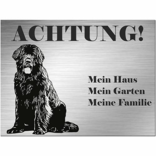 Indigos UG - Schild Neufundländer - bedruckt - Achtung Mein Haus, mein Garten meine Familie - Aluverbundplatte Edelstahl Look - 40x30 cm - Spruch - Deko Geschenkidee - Hund - Zaun - Türschild von INDIGOS