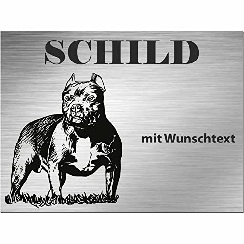 INDIGOS UG - Pitbull - Schild bedruckt - Wunschtext personalisiert - Alu-Dibond Edelstahl Look - ab 20x15 cm - Spruch - Deko Geschenkidee für Ihren Hund - Zaun - Türschild von INDIGOS