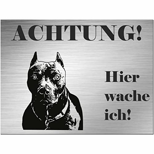 INDIGOS UG - Pitbull Terrier - Schild bedruckt - Achtung Hier wache ich! - Alu-Dibond Edelstahl Look - 20x15 cm - Spruch - Deko Geschenkidee für Ihren Hund - Zaun - Türschild von INDIGOS