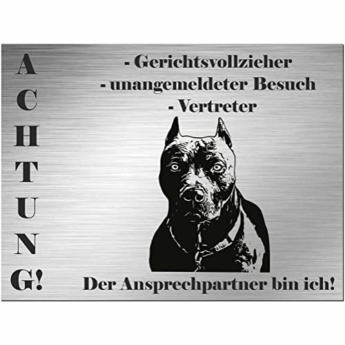 Indigos UG - Schild Pitbull Terrier - bedruckt - Gerichtsvollzieher und Vertreter - Aluverbundplatte Edelstahl Look - 20x15 cm - Spruch - Deko Geschenkidee für Ihren Hund - Zaun - Türschild von INDIGOS