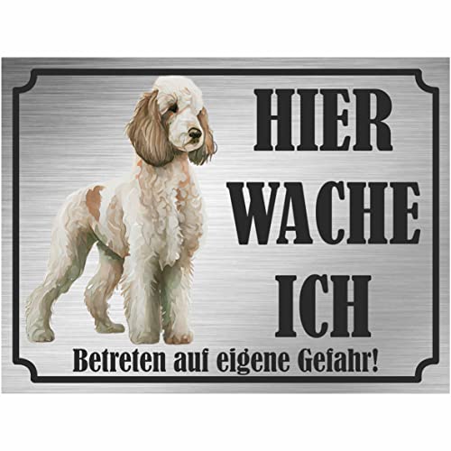 INDIGOS UG - Pudel - Schild bedruckt - Hier wache ich - Aluverbundplatte Edelstahl Look - ab 20x15 cm - Spruch - Deko Geschenkidee für Ihren Hund - Zaun - Türschild von INDIGOS