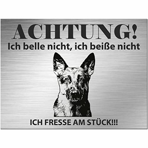 Indigos UG - Schild Schäferhund - bedruckt - Achtung Ich belle & beiße nicht, ich fresse am Stück! - Aluverbundplatte Edelstahl Look - 20x15 cm - Spruch - Deko Geschenkidee Hund Zaun Türschild von INDIGOS