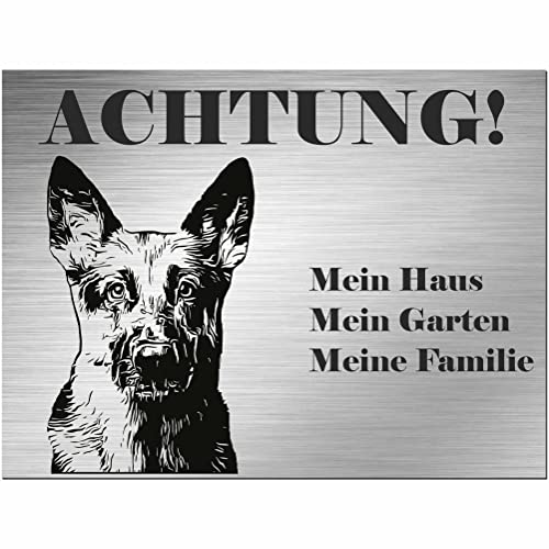 Indigos UG - Schild Schäferhund - bedruckt - Achtung Mein Haus, mein Garten meine Familie - Aluverbundplatte Edelstahl Look - 30x20 cm - Spruch - Deko Geschenkidee - Hund - Zaun - Türschild von INDIGOS