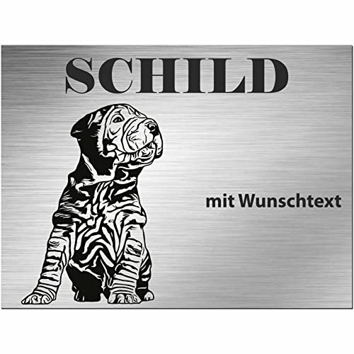 INDIGOS UG - Schilder selbst gestalten Shar Pei - Wunschtext personalisiert - Aluverbundplatte Edelstahllook - ab 20x15 cm - Spruch - Deko Geschenkidee für Ihren Hund - Zaun - Türschild von INDIGOS