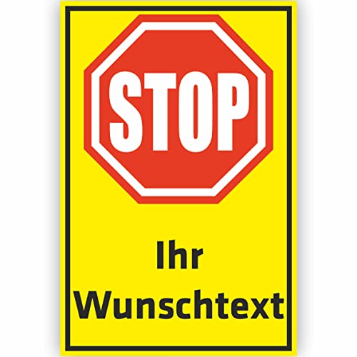 INDIGOS UG - WUNSCHTEXT Schild - 20x15cm gelb - AluDibond STOP - HALT - personalisiert Text - Straßenschild - Namensschild - Hausnummer - Garage, Hotel, Parkplatz, Schule, Carport, Firma individuell von INDIGOS