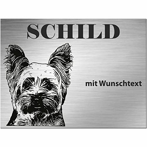 INDIGOS UG - Schilder selbst gestalten Yorkshire Terrier - Wunschtext personalisiert - Aluverbundplatte Edelstahllook - ab 20x15 cm - Spruch - Deko Geschenkidee für Ihren Hund - Zaun - Türschild von INDIGOS