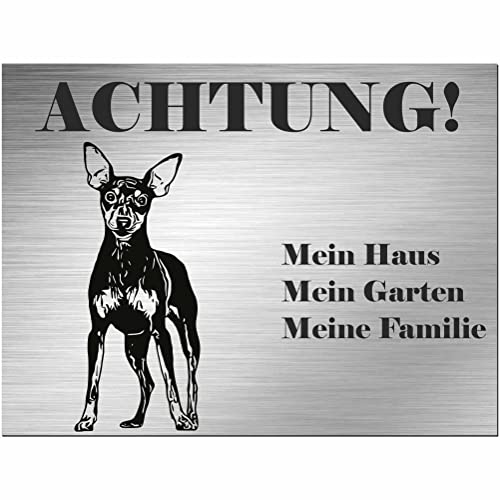 Indigos UG - Schild Zwergpinscher - bedruckt - Achtung Mein Haus, mein Garten meine Familie - Aluverbundplatte Edelstahl Look - 30x20 cm - Spruch - Deko Geschenkidee - Hund - Zaun - Türschild von INDIGOS