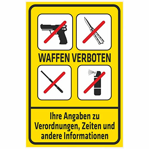 Indigos UG Aufkleber Waffen verboten mit Vier Verbotszeichen mit Ihren Verordnungsangaben 200x150 mm Hotel, Firma, Schutz, Kita, Arzt, Praxis, Wohnung Sicherheit Warnung von INDIGOS