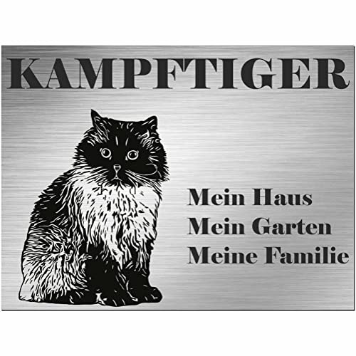 Indigos UG - Schild Himalaya Katze - bedruckt - Kampftiger Mein Haus - Aluverbundplatte Edelstahl Look - 30x20 cm - Spruch - Deko Geschenkidee Katze - Zaun - Türschild - Hinweisschild - Warnschild von INDIGOS