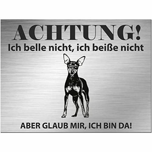 Indigos UG - Schild Zwergpinscher - bedruckt - Achtung Ich belle und beiße nicht, ich bin da! - Aluverbundplatte Edelstahl Look - 20x15 cm - Spruch - Deko Geschenkidee Hund - Zaun - Türschild von INDIGOS