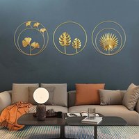 Ineasicer Set mit 3 Wandskulpturen aus Metall und Eisen, goldener Ginkgo und Palmblätter – runde Wanddekoration für Zuhause, Büro, Wohnzimmer, Hotel von INEASICER