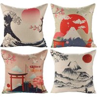 Japanischer Kissenbezug MT. Fuji Ukiyo-e, Kissenbezug, Sofa, Auto, Zuhause, Bett, Dekoration, 45 x 45 cm, 4-teiliges Set (japanischer Stil B) von INEASICER