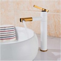 Schlichter und moderner schwarzer zylindrischer Waschbeckenhahn, Waschtisch-Mischbatterie - Weiß-Gold, 30 cm von INEASICER
