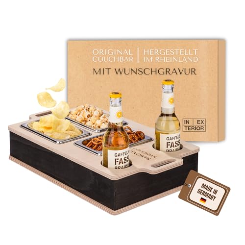 INEXTERIOR CouchBar Plus - PERSONALISIERBAR - handgefertigt in Deutschland - DREI Snackschalen und Flaschenhalter - Couchbutler couchorganizer Sofaorganizer Sofaablage Tablett Couchbutler (Design 2) von INEXTERIOR