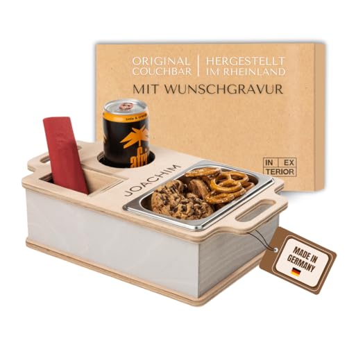 INEXTERIOR Couchi - PERSONALISIERBAR - handgefertigt in Deutschland - Snackschale, Organizer und Flaschenhalter - Couchbutler couchorganizer Sofaorganizer Geschenk (nicht personalisiert, Grau) von INEXTERIOR