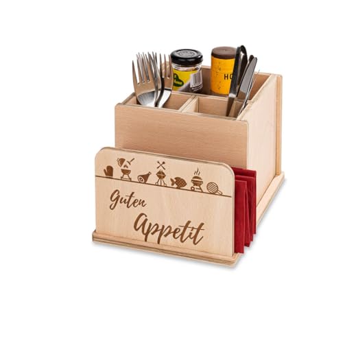 INEXTERIOR Grillbox aus Holz - Geschenk für Männer - Tischdeko - Serviettenhalter - Besteckbox - Serviettenringe - Saucenbox - Besteckhalter - Grill (Besteckkasten Groß, Guten Appetit!) von INEXTERIOR