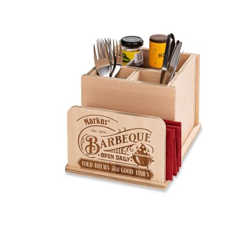 INEXTERIOR Grillbox aus Holz - Geschenk für Männer - Tischdeko - Serviettenhalter - Besteckbox - Serviettenringe - Saucenbox - Besteckhalter - Grill (Besteckkasten Groß, Personalisierbar) von INEXTERIOR