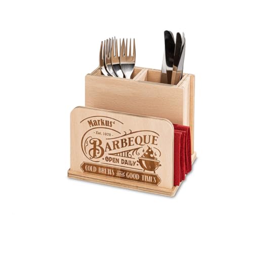 INEXTERIOR Grillbox aus Holz - Geschenk für Männer - Tischdeko - Serviettenhalter - Besteckbox - Serviettenringe - Saucenbox - Besteckhalter - Grill (Besteckkasten Klein, Personalisierbar) von INEXTERIOR