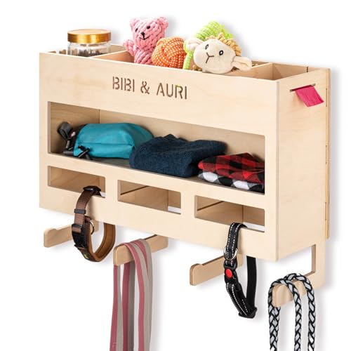 INEXTERIOR Hundegarderobe XXL - aus Holz - Handgefertigt in Deutschland - Mit großer Ablage und Kotbeutelspender - Garderobe für Hundeleinen (Natur + Personalisierung) von INEXTERIOR