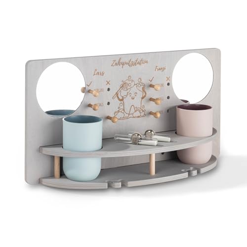 INEXTERIOR – ZahnZauber Zahnputzstation Doppel für Kinder Grau personalisierbar - Zahnputz Aufbewahrungsstation für selbstständiges Zähneputzen - Mit Zahnputzbecher, Sanduhr, Handtuchhalter & Spiegel von INEXTERIOR