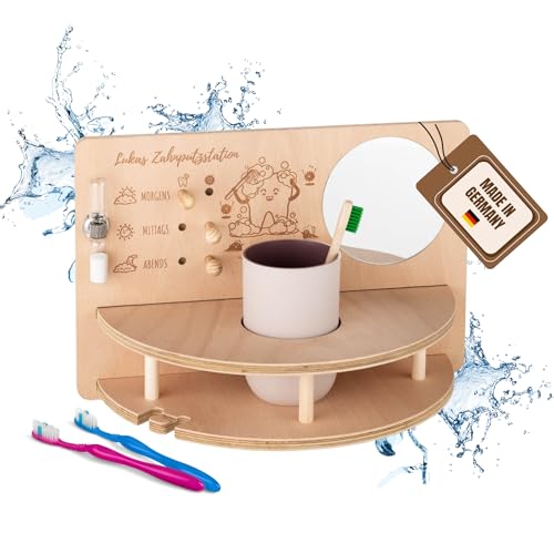 INEXTERIOR – ZahnZauber Zahnputzstation für Kinder Naturfarben personalisierbar - Zahnputz Aufbewahrungsstation für selbstständiges Zähneputzen - Mit Zahnputzbecher, Sanduhr, Handtuchhalter & Spiegel von INEXTERIOR