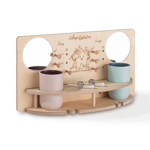 INEXTERIOR – ZahnZauber Zahnputzstation Doppel für Kinder Naturfarben personalisierbar - Zahnputz Aufbewahrungsstation für selbstständiges Zähneputzen - Mit Becher, Sanduhr, Handtuchhalter & Spiegel von INEXTERIOR