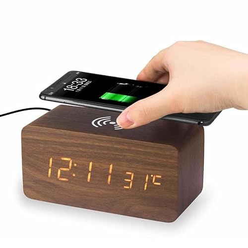 INF Drahtloses Aufladen Holz Digital Wecker Schreibtisch LED Uhr für Schlafzimmer Nachttisch Büro Dunkelbraun Farbe von INF
