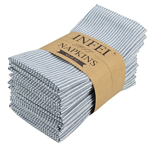 INFEI Servietten aus Baumwoll-Leinen-Mischgewebe, schmal, gestreift, 40 x 40 cm, Blau, 12 Stück von INFEI