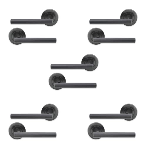 Infinity Decor Set mit 5 Paar T-Griffen, Türgriffe auf runder Rosette in Gunmetal Grey Finish – für Innen- und Außentüren von Infinity Decor