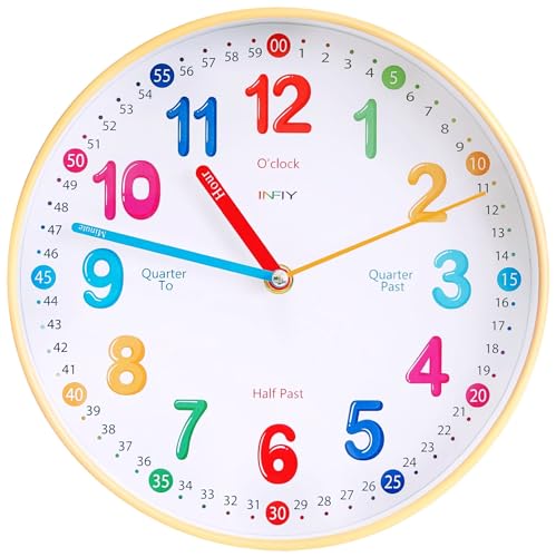 INFIY Kinderwanduhr Lautlos für Kinderzimmer Kindergartenuhr Große Bunte Zahlen Einfaches Lesen Lernen Ohne Ticken 10 (Gelb, 25 cm) von INFIY