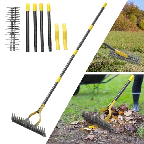 Strohrechen, 139 cm Heavy Duty Vertikutierrechen Einstellbare Vertikutierung zum Auflockern des Bodens Aufsammeln von Laub Nivellierung Rasen Landwirtschaft Landreinigung Totes Gras Hof Garten von INFLATION